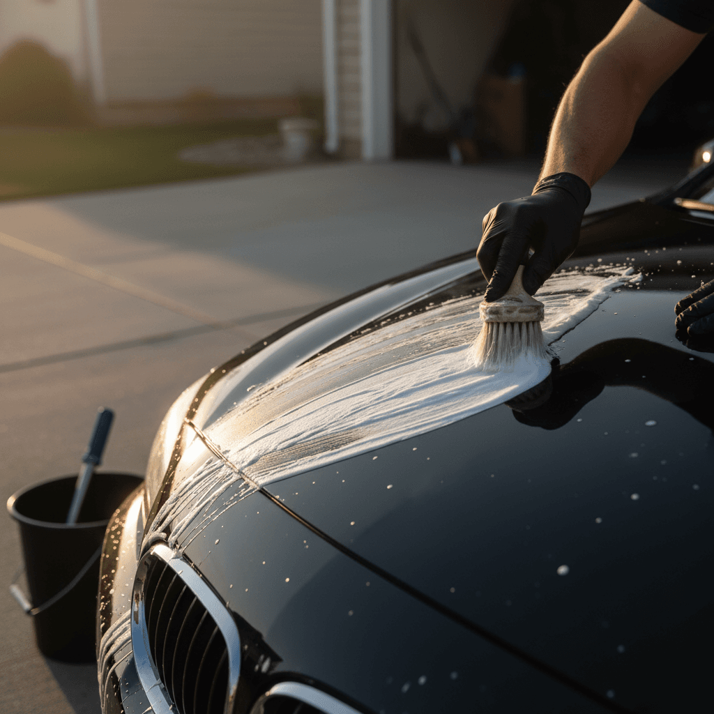 Auto detailer applying foam wash to vehicle hood