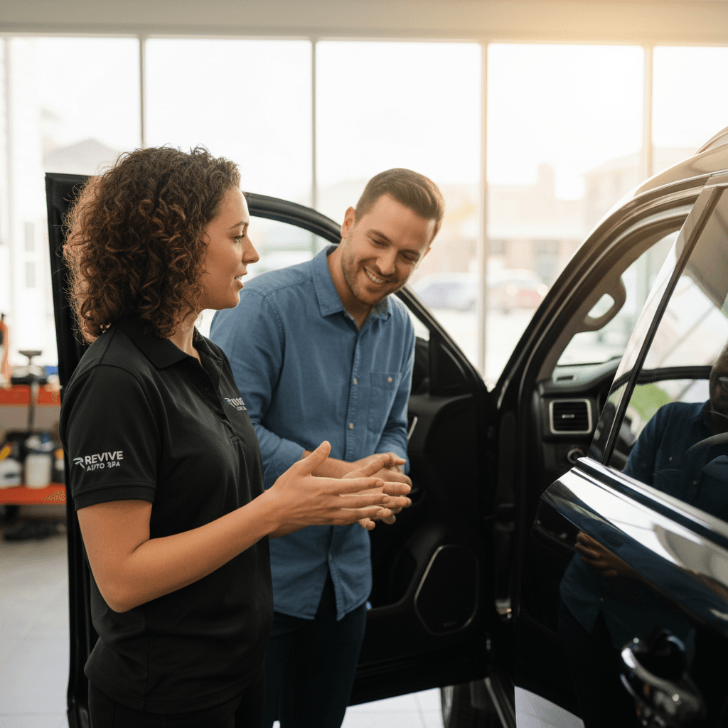 Detailer discussing service expectations with customer