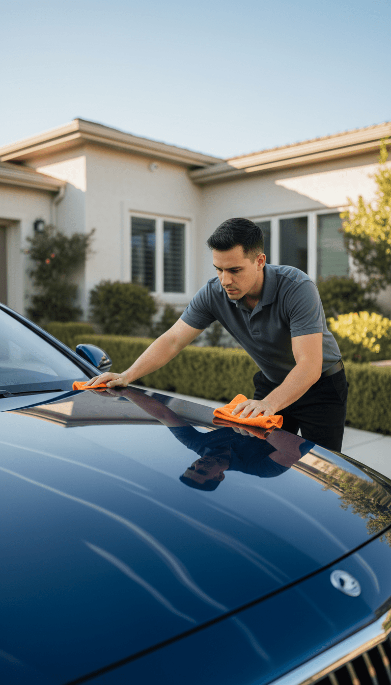Detailer inspecting freshly detailed vehicle on residential driveway