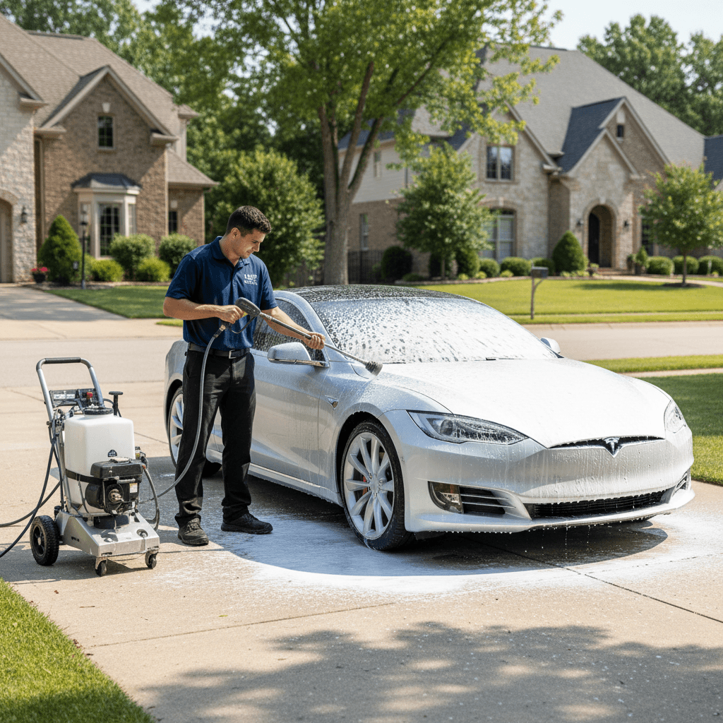 Mobile detailing setup on driveway