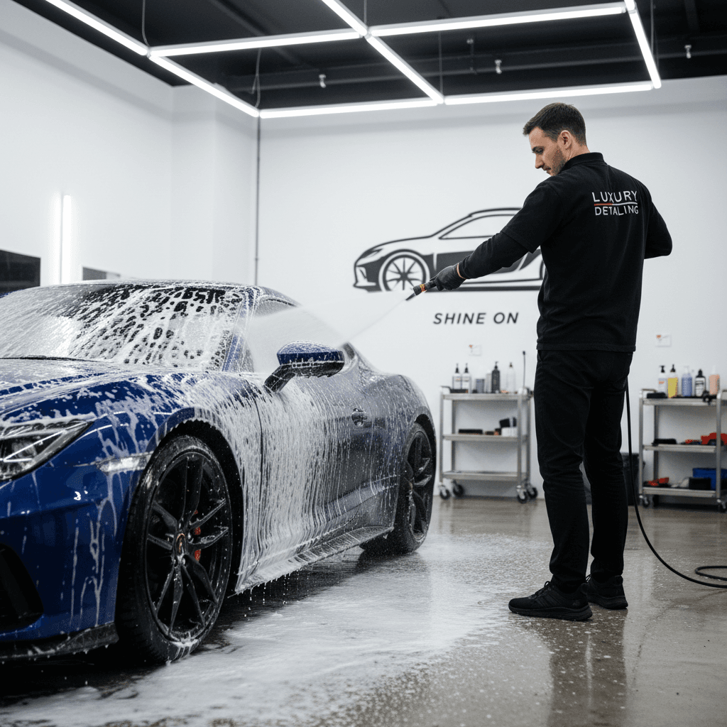 Mobile auto detailing technician cleaning vehicle