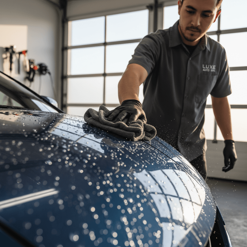 Mobile auto detailing technician working on vehicle exterior