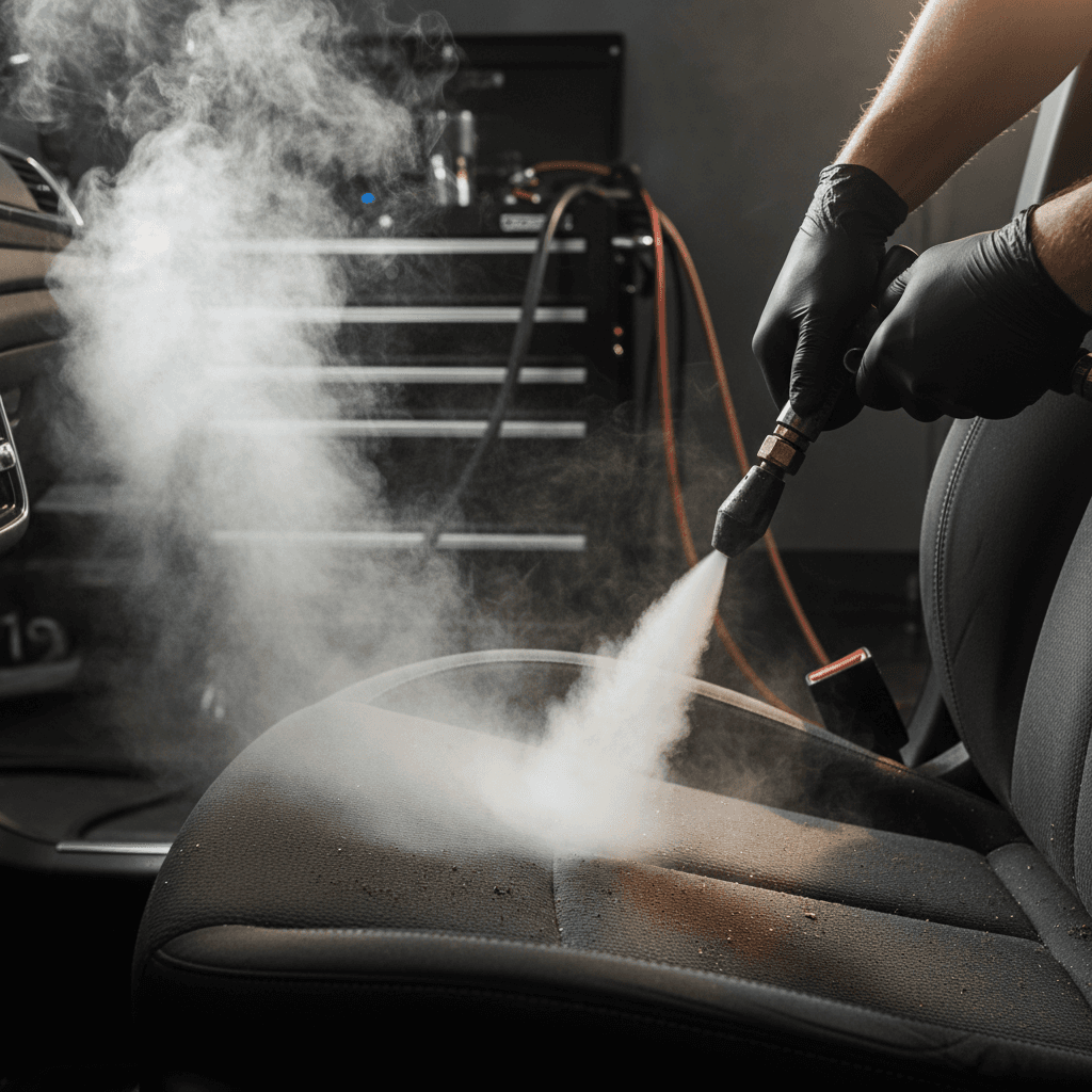 Interior vehicle detailing with steam-based deep cleaning process