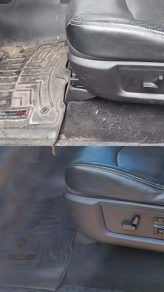 Split-screen comparison showing a dirty car floor mat and carpet before and after professional cleaning.