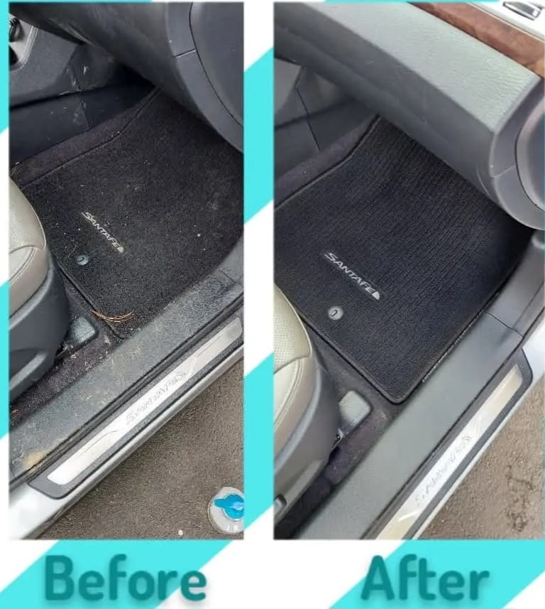 Before and after comparison of a dirty car floor mat becoming clean and spotless.