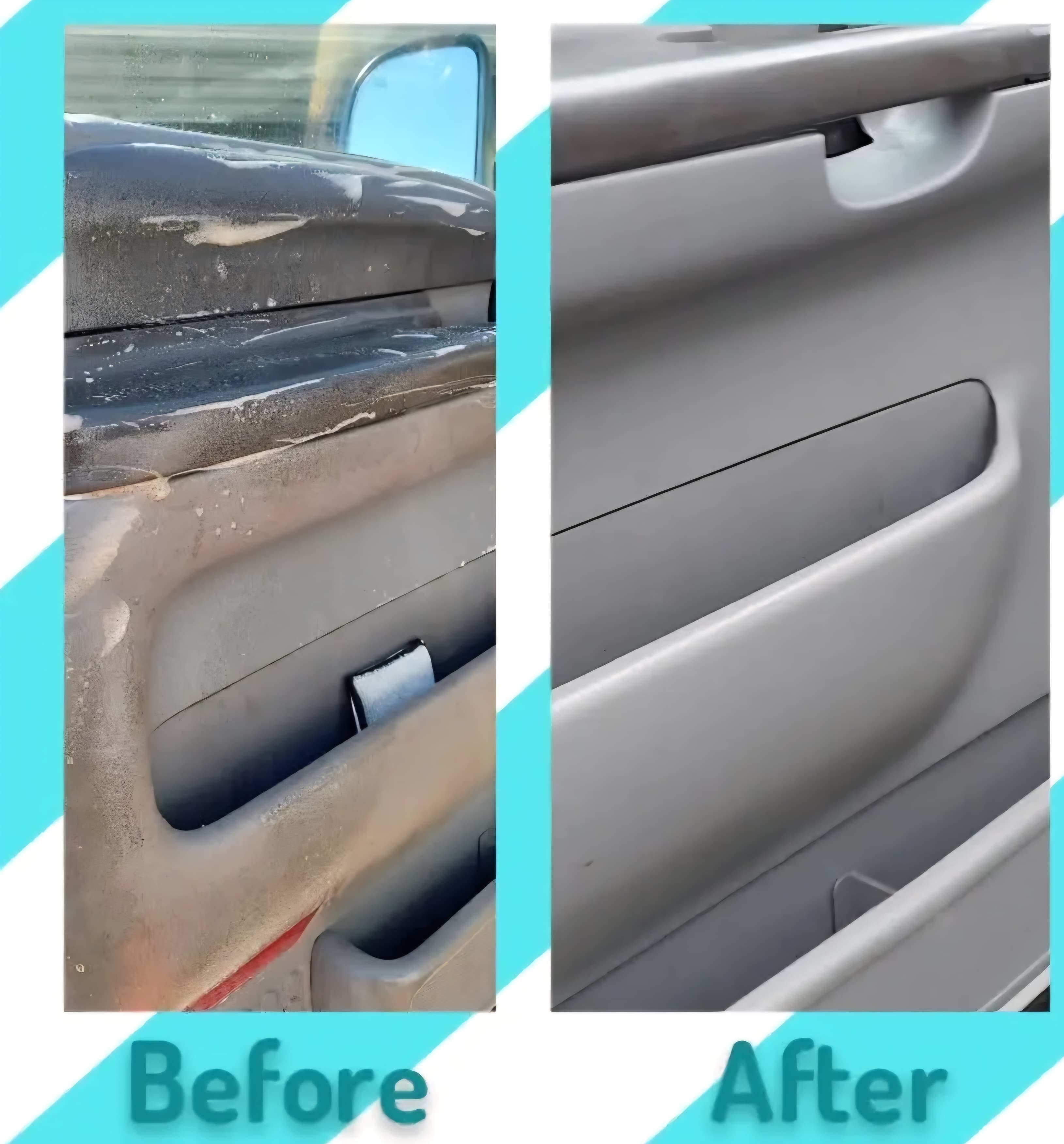 Side-by-side comparison of a dirty car door panel before and after professional cleaning.