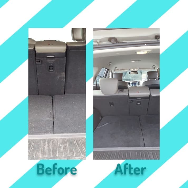 Before and after comparison of a dirty car trunk transformed into a clean, vacuumed space.
